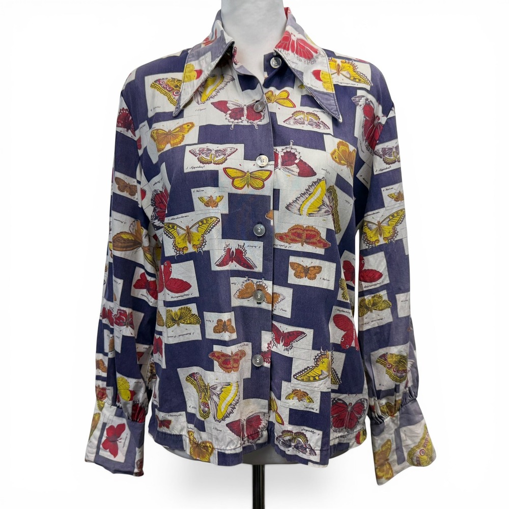 Vintage 70s Butterfly Print Blouse Women Size M Navy Dagger Collar USA Button Up